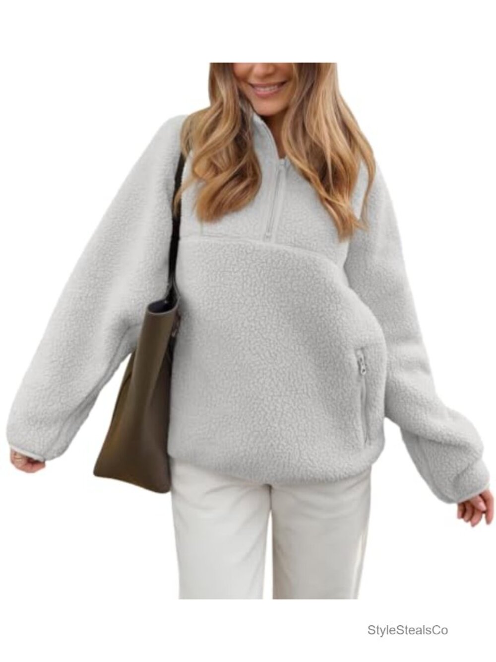 Sherpa Fleece Half Zip Pullover Jacket Funnel Neck Faux-Leather Trim